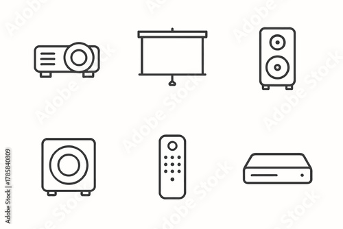 Home theater essentials: projector, screen, speakers, subwoofer, remote, media player icons