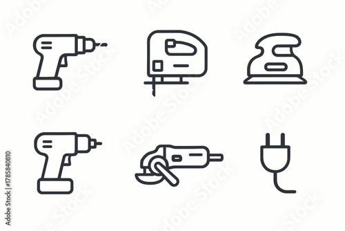 Collection of minimalist tool icons: drill, jigsaw, iron, plug in monochrome design