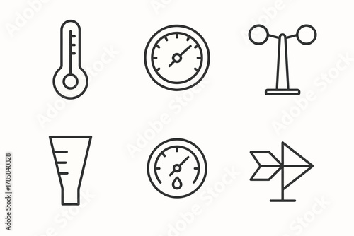Weather instruments: thermometer, hygrometer, anemometer, wind vane icons