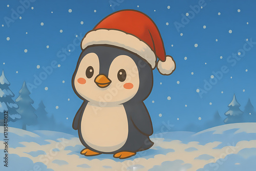 Penguin, Cute Christmas Animals Wearing Santa Hats in Snowy Anime Style
