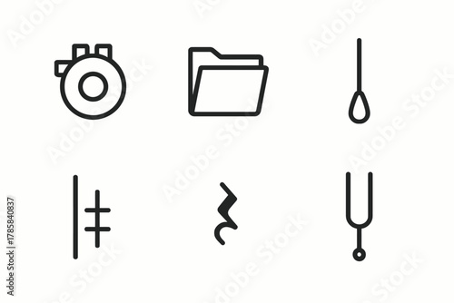 Minimalist icon set featuring clock, folder, dropper, scale, zigzag, tuning fork