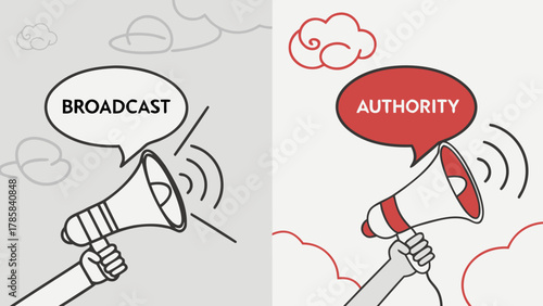 Megaphone broadcasting message of authority versus simple broadcast