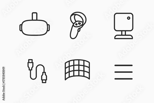 Virtual reality equipment icons: headset, controller, camera, cable, screen, menu