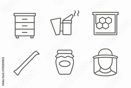 Beekeeping tools and equipment icons including honey jar and beekeeper hat