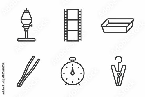 Set of six minimalist line icons: lamp, film, tray, tweezers, clock, peg