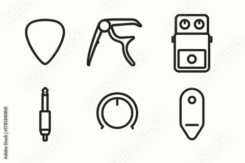 Minimalist line icons of guitar accessories and equipment