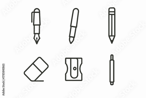 Minimalist icon set of writing and drawing tools: pen, pencil, eraser, sharpener