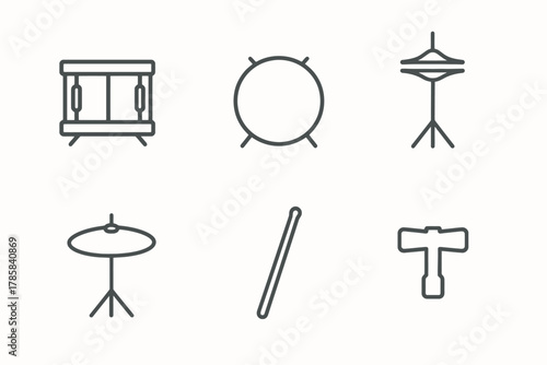 Simple drum and percussion icon set featuring sticks and cymbals
