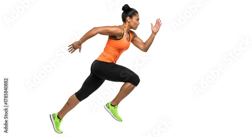 Athletic woman sprinting in sportswear isolated on black background, dynamic fitness training and running workout image