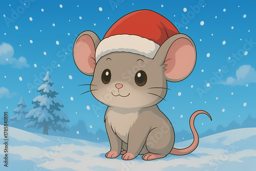 Mouse Cute Christmas Animals Wearing Santa Hats in Snowy Anime Style