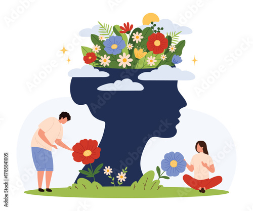 Human head silhouette filled with blooming flowers, tiny people nurturing plants, symbolizing positive thinking, emotional wellness, self care, and mental health isolated vector illustration