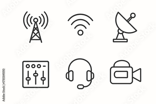 Communication technology icons: antenna, wifi, satellite, mixer, headset, camera