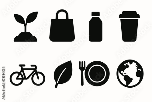 Sustainability icons: plant, reusable bag, bottle, cup, bicycle, leaf, plate, earth