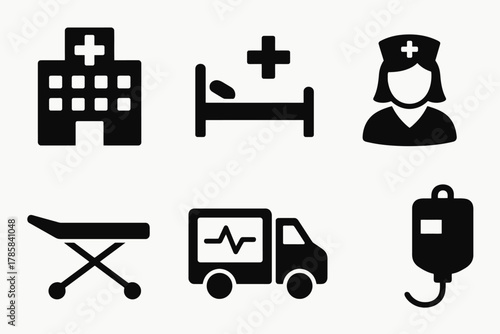 Medical icons: hospital, bed, nurse, stretcher, ambulance, iv drip