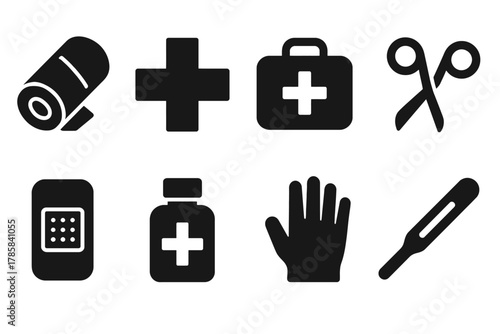First aid icons set: bandage, medical kit, scissors, and more essential symbols