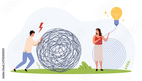 Man struggling with tangled lines while woman untangles and finds solution with lightbulb symbolizing creative teamwork and problem solving isolated vector illustration