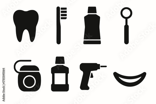 Dental hygiene icons set: toothbrush, floss, mouthwash, drill, mirror