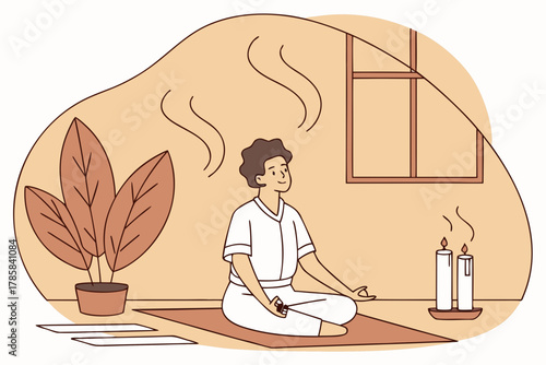 Person meditating peacefully in a room with plants and candles