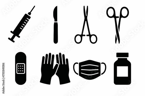 Medical equipment icons: syringe, scalpel, scissors, bandage, gloves, mask, medicine bottle