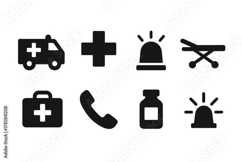 Medical emergency icons: ambulance, first aid, stretcher, alert, medicine, phone