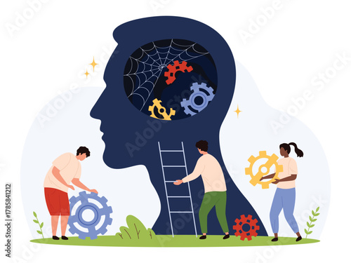 Teamwork concept with small people fixing gears inside a human head symbolizing mental health support, therapy, psychological recovery, and emotional well-being isolated vector illustration