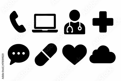 Medical and communication icons: phone, laptop, doctor, health, chat, capsule, heart, cloud