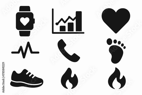 Black health and fitness icons: smartwatch, heartbeat, and more