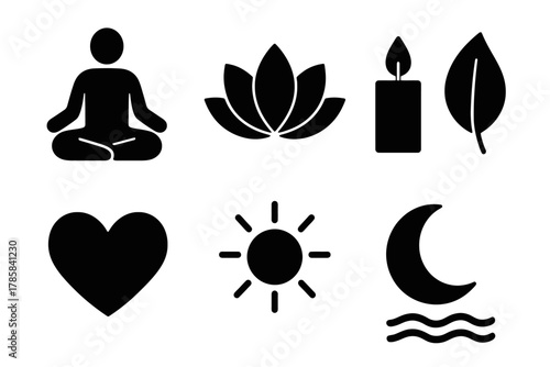 Meditation and wellness icon set featuring yoga, candle, nature elements