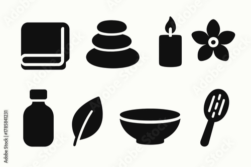 Spa icons: towel, stones, candle, flower, bottle, leaf, bowl, brush