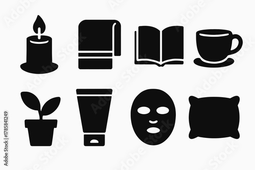 Set of relaxation icons: candle, towel, book, cup, plant, lotion, face mask, pillow