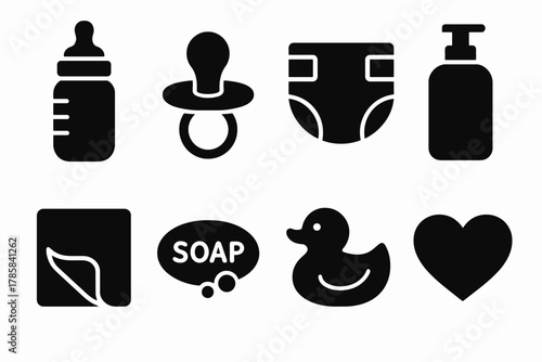 Baby essentials icons: bottle, pacifier, diaper, soap, duck, heart, leaf, lotion