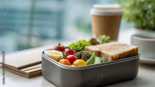 A healthy office lunch box with a sandwich, boiled egg, cherry tomatoes, lentils and fresh salad