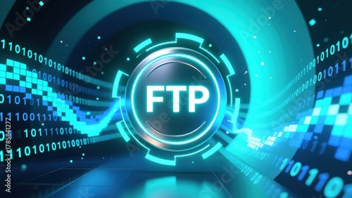 Circular ftp glowing text over blue digital grid showing secure network and file exchange concept