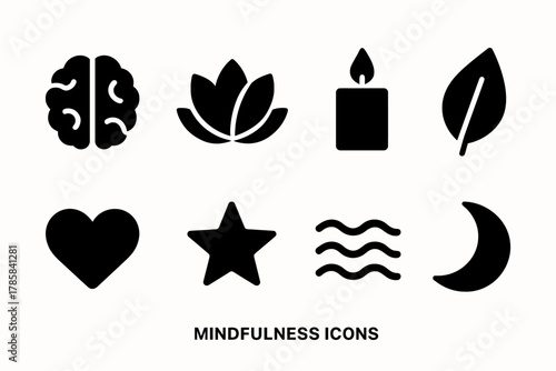 Mindfulness icons: brain, lotus, candle, leaf, heart, star, waves, moon