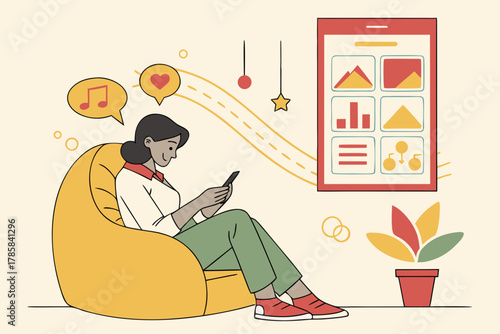 Woman relaxing on beanbag chair using smartphone with app interface displayed