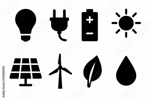 Energy symbols: light bulb, plug, battery, sun, solar panel, wind turbine, leaf, water drop icons