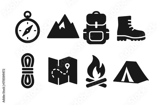Essential outdoor adventure icons: compass, mountain, backpack, boot, rope, map, campfire, tent