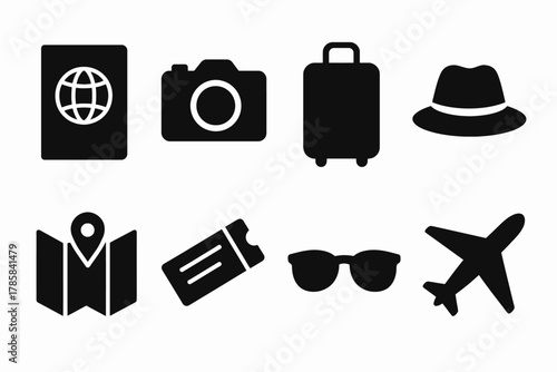 Travel icons collection featuring passport, camera, luggage, hat, map, ticket, sunglasses, airplane