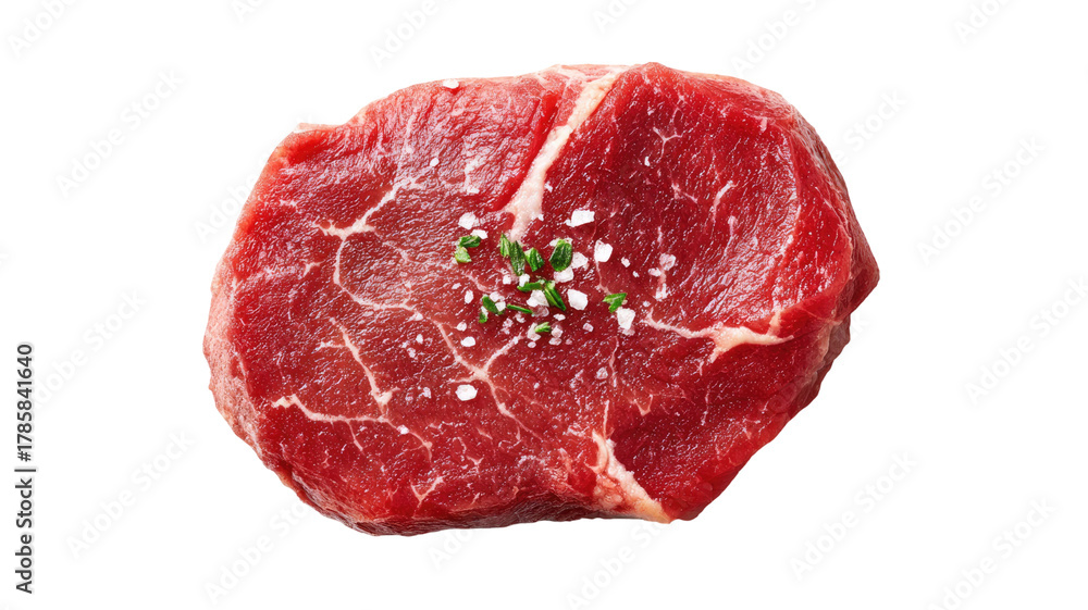 Obraz premium Raw beef steak or meat with fat on a white background, a fresh uncooked sirloin fillet ready for cooking