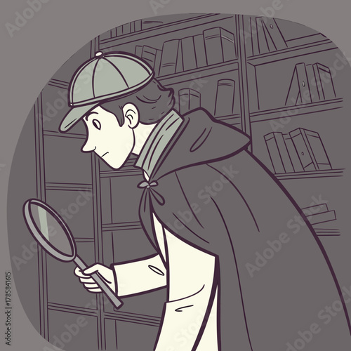 Cartoon detective with magnifying glass investigating bookshelf