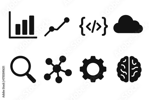 Data science icons: analytics, cloud, code, and brain illustrations