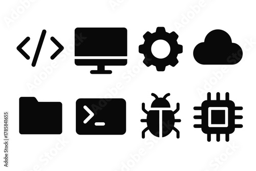 Silhouette icons of computer, code, cloud, bug, and technology elements