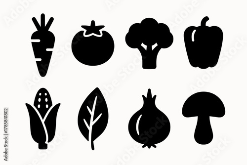 Set of black vegetable icons: carrot, tomato, broccoli, bell pepper, corn, leaf, onion, mushroom
