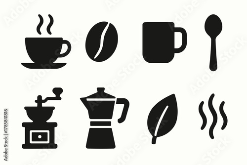 Coffee icons: cup, mug, grinder, pot, bean, spoon, leaf, steam