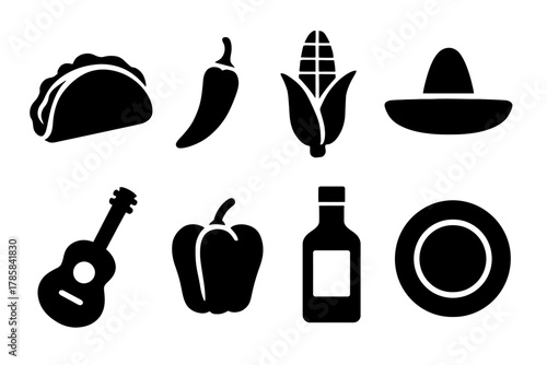 Mexican culture icons: taco, chili pepper, corn, sombrero, guitar, bell pepper, sauce, plate