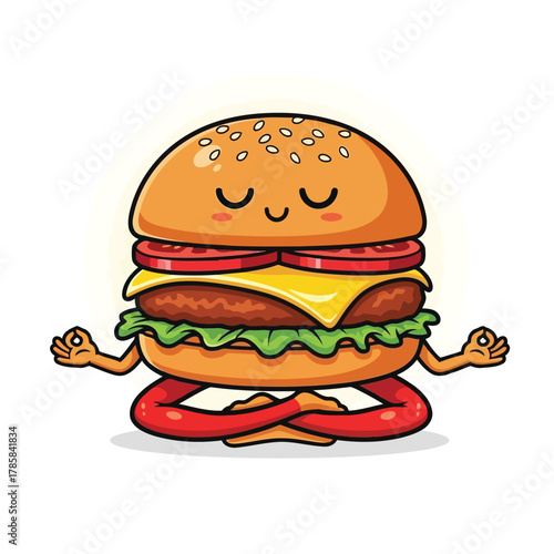 A cute burger cartoon character is meditating in a lotus position a whimsical illustration of a healthy lifestyle