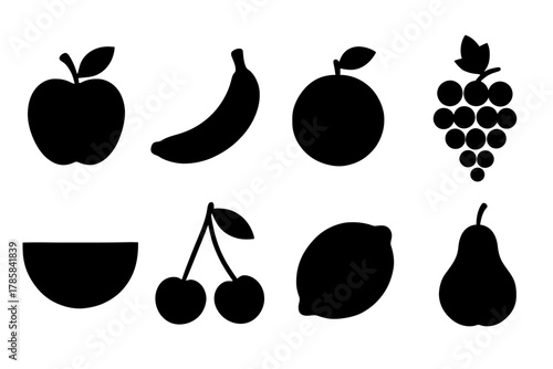 Black silhouette set of various fruits: apple, banana, orange, grapes, watermelon, cherry, lemon, pear