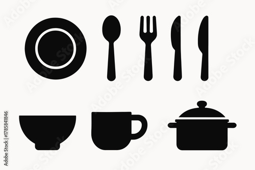 Dining set silhouette: plate, cutlery, bowl, mug, pot icons on white background