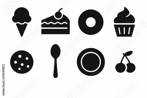 Silhouette icons of desserts and utensils: ice cream, cake, donut, cupcake, cookie, spoon, plate, cherries