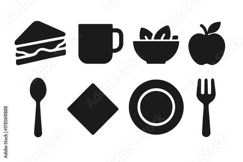 Silhouette icons of food and dining utensils: sandwich, mug, bowl, apple, spoon, napkin, plate, fork